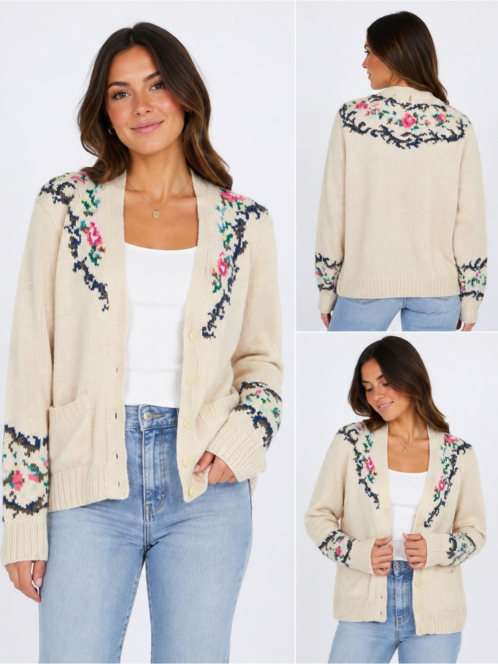 Vintage Harold’s hand knitted cotton Cream Floral Knit Cardigan Sweater